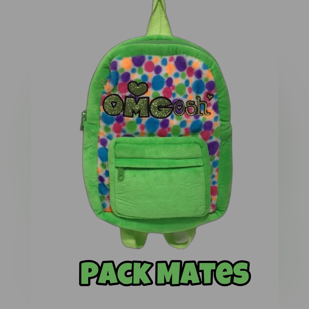 NEW Pack Mates Fuzzy‎ Backpack, Embroidered, Glittery “OMGosh”, Green